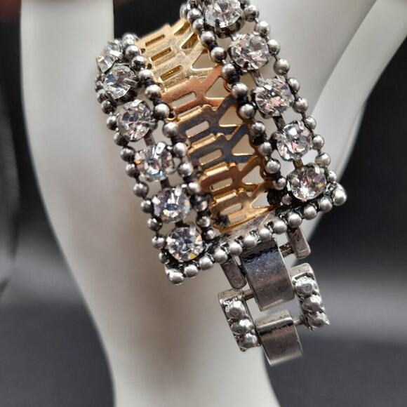 Stella & Dot Rhinestone Wide Bracelet, Two Rows Clear Rhinestones, 6 3/4 Inch - Picture 5 of 12